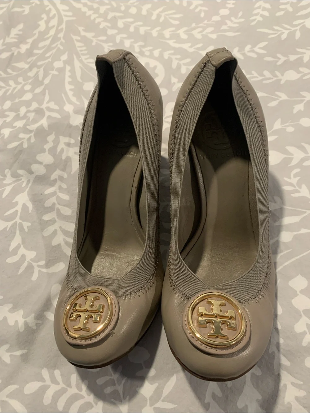 Tory Burch Taupe Round-Toe Pumps with Gold Logo